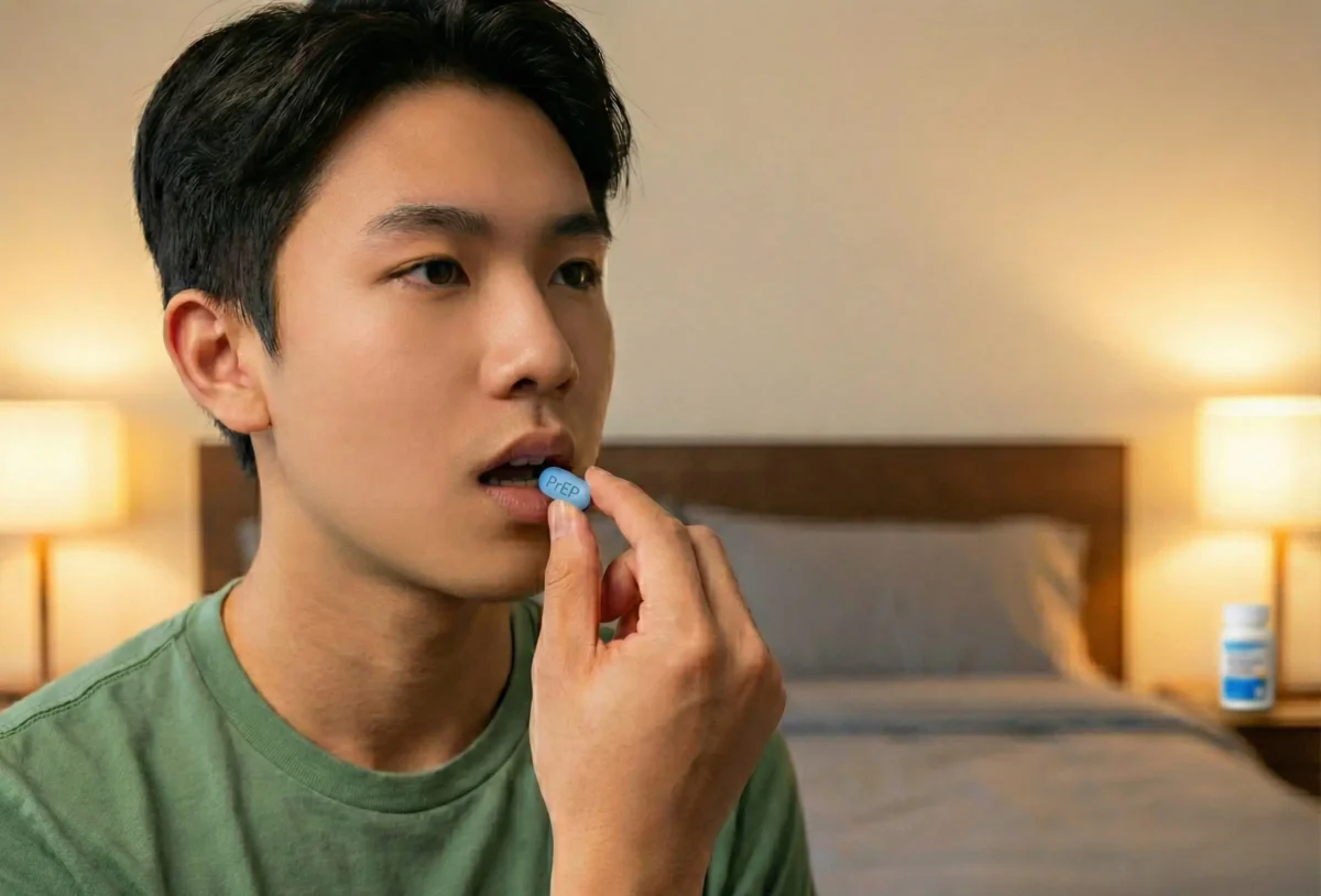 ชายหนุ่มเอเชียกำลังหยิบยา PrEP (เพร็พ) เม็ดสีฟ้าเข้าปาก เพื่อป้องกันการติดเชื้อ HIV ในห้องนอน